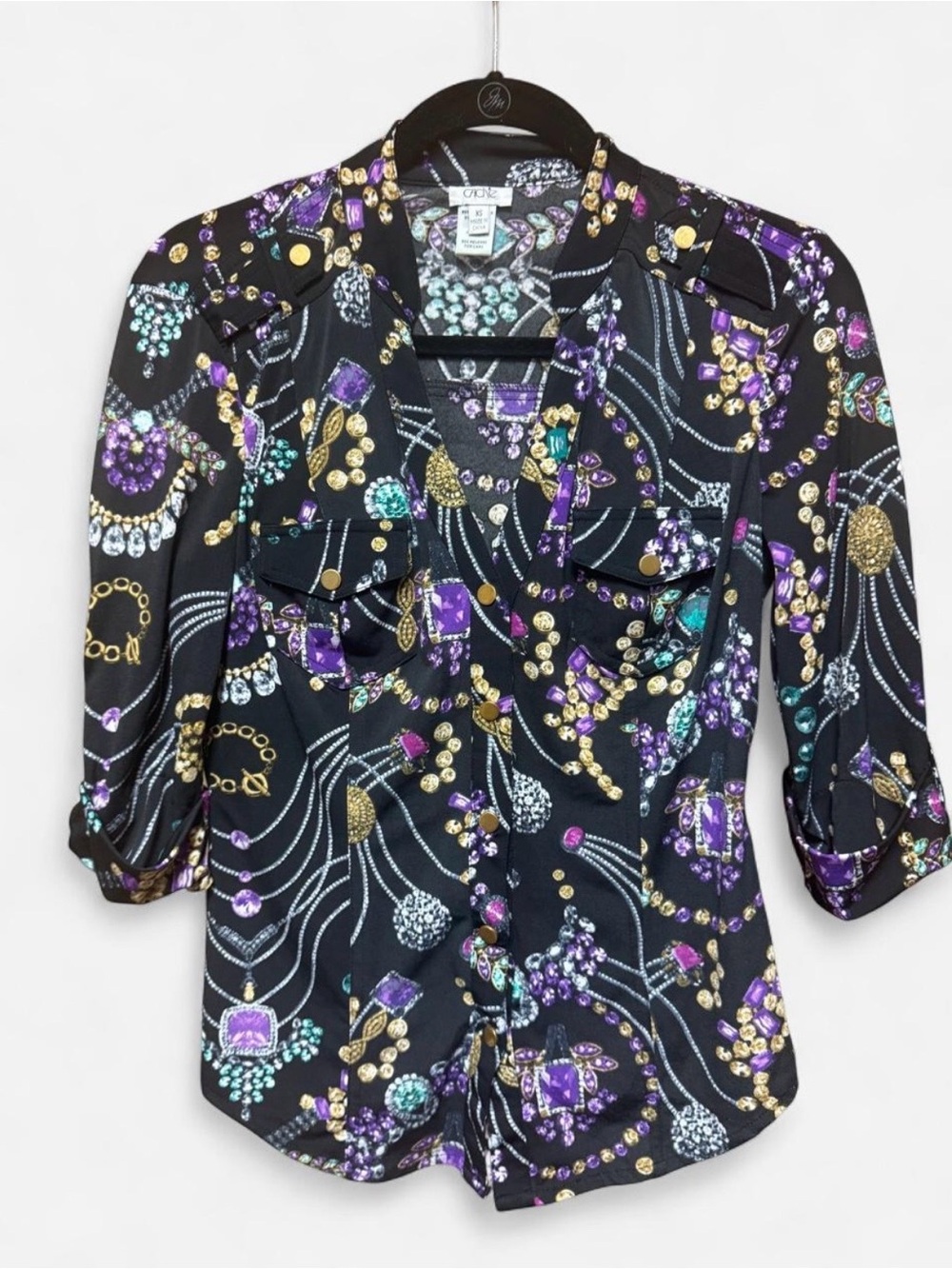 Caché Button Up Blouse With Bejeweled Pattern